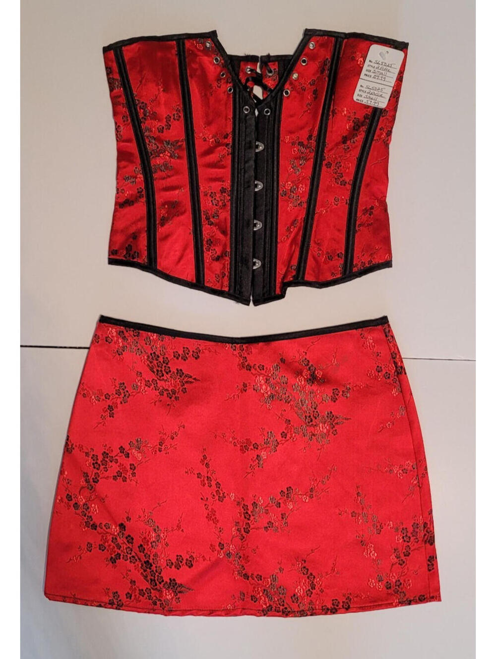 Women Lace Up Red/Black Bustier Corset & Skirt Burlesque Top Waist Cincher